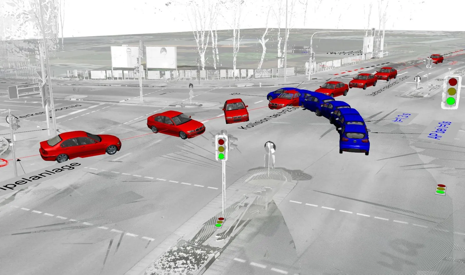Simulation eines Unfalls an einer Ampelkreuzung mit Bewegungsabfolge der Fahrzeuge