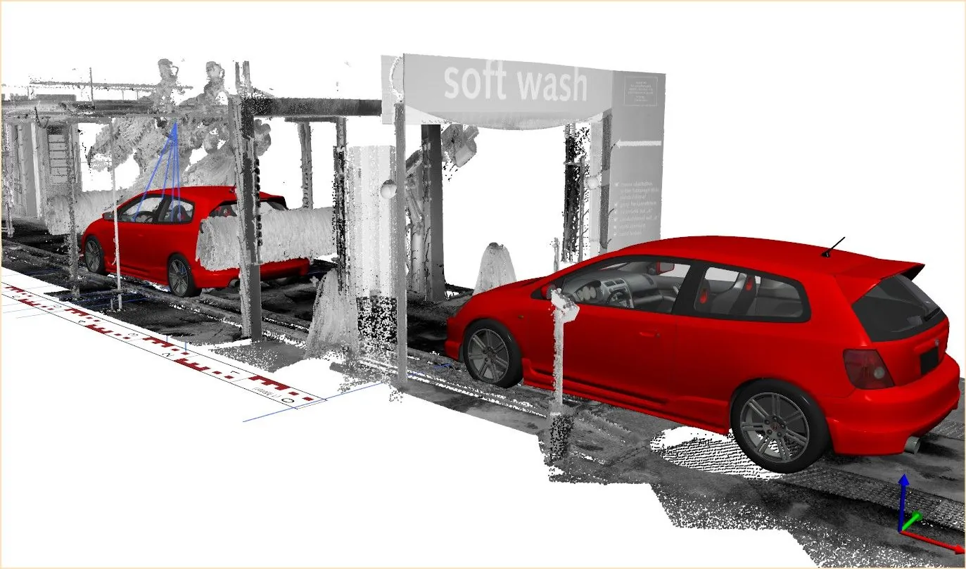 3D-Scan einer Waschstraße mit zwei Fahrzeugen
